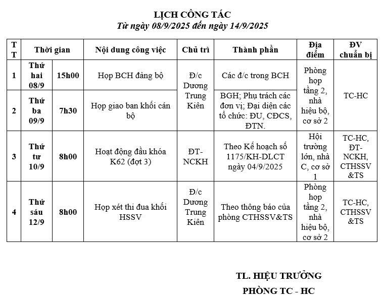 Lịch công tác từ 8.9