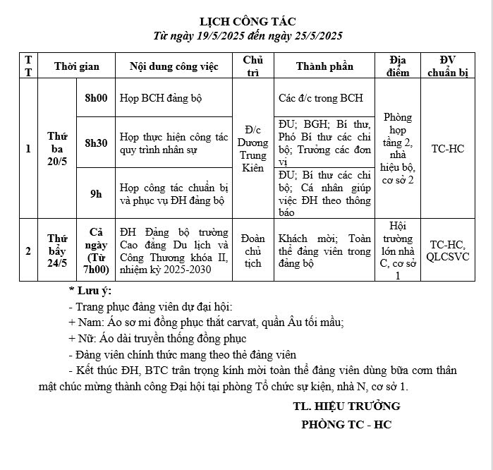 lịch công tác 19.5