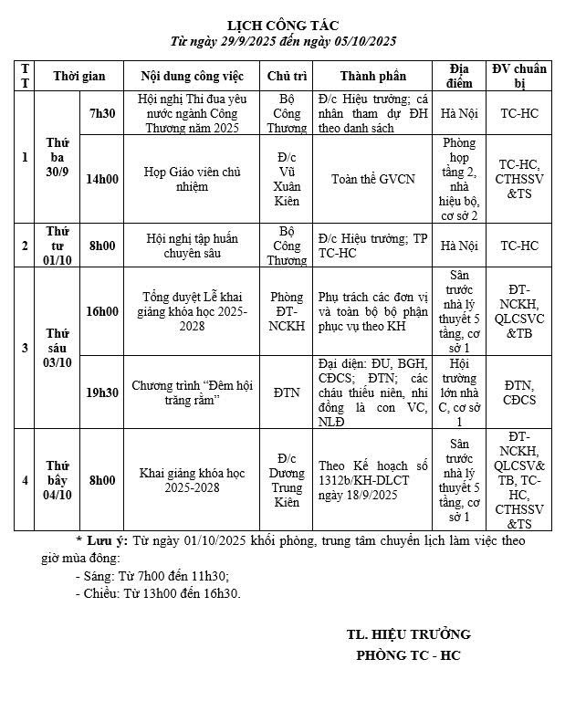 lịch công tác 29.9
