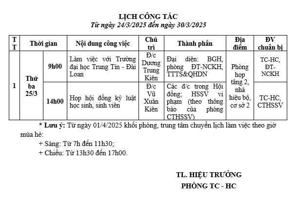 lịch công tác từ 24.3