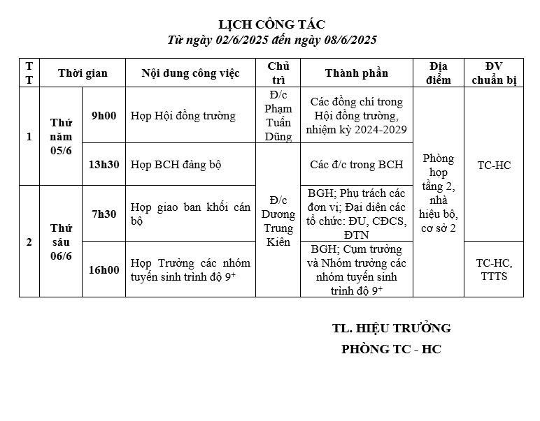 lịch tuần 2.6.2025