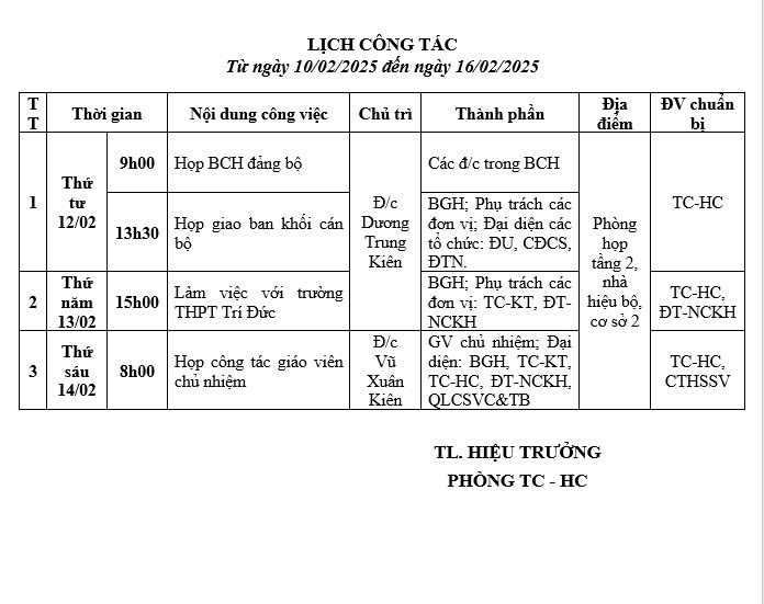 lịch tuần tháng 2-2025